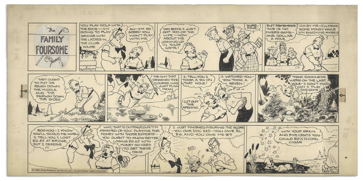 Lot of 4 ''Family Foursome'' Sunday Comic Strips From the 1930s by Chic Young -- Includes Blondie Paper Doll & Costumes